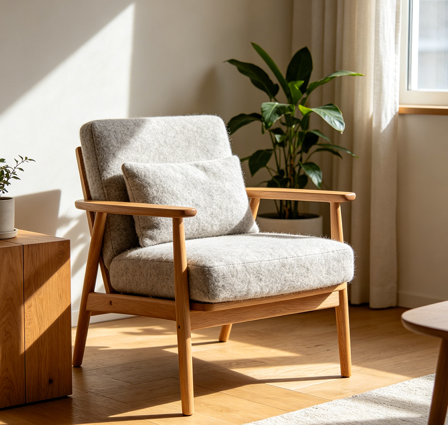 Scandinavian Style Solid Wood Armchair with Cushions